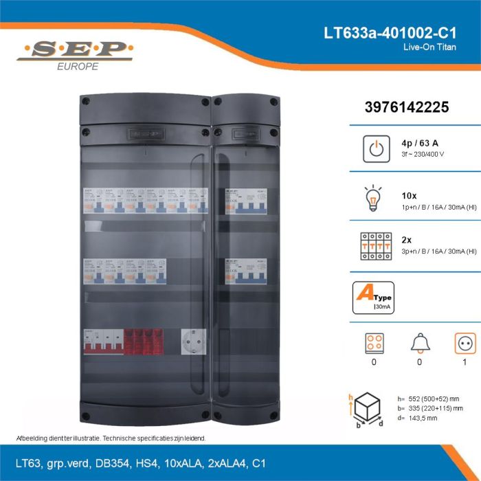 SEP Live-On Titan, LT633a-401002-C1, 63A, 3-fase groepenkast, 10-lichtgroepen, 2-krachtgroepen,  1V-contactdoos, technische details