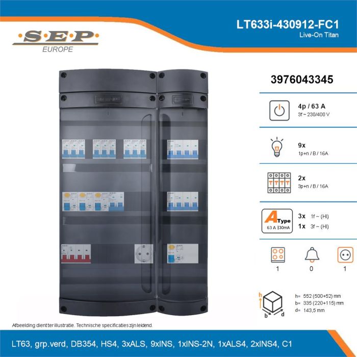 SEP Live-On Titan, LT633i-430912-FC1, 63A, 3-fase groepenkast, 9-lichtgroepen, 2-krachtgroepen, 1-fornuisgroep,  1V-contactdoos, technische details