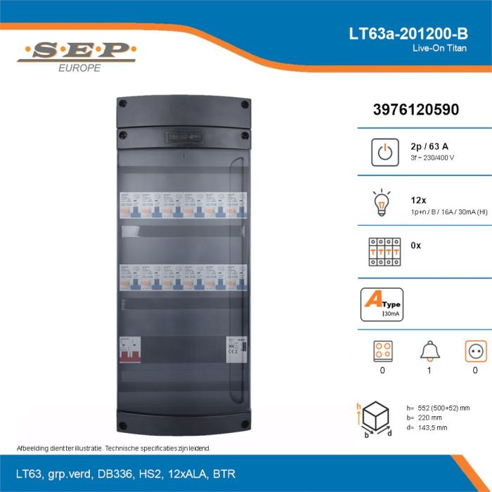 SEP Live-On Titan, LT63a-201200-B, 63A, 3-fase groepenkast, 12-lichtgroepen, 1-beltrafo, technische details