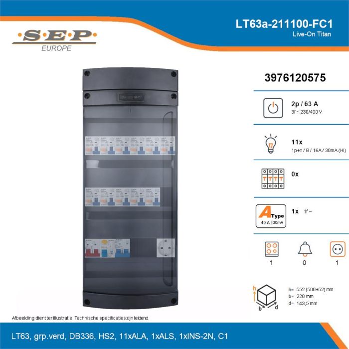 SEP Live-On Titan, LT63a-211100-FC1, 63A, 3-fase groepenkast, 11-lichtgroepen, 1-fornuisgroep,  1V-contactdoos, technische details