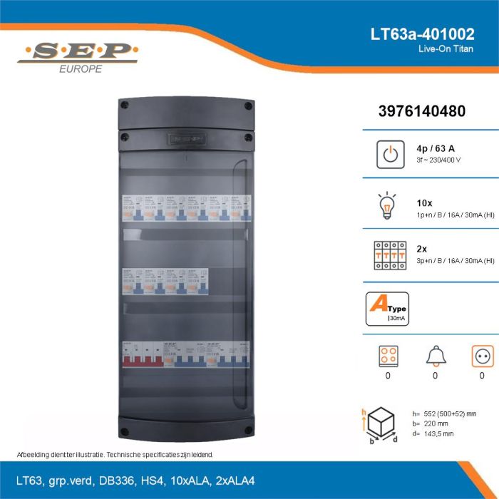 SEP Live-On Titan, LT63a-401002, 63A, 3-fase groepenkast, 10-lichtgroepen, 2-krachtgroepen, technische details