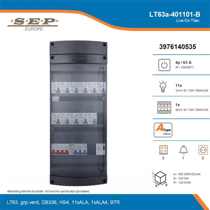 SEP Live-On Titan, LT63a-401101-B, 63A, 3-fase groepenkast, 11-lichtgroepen, 1-krachtgroepen, 1-beltrafo, technische details