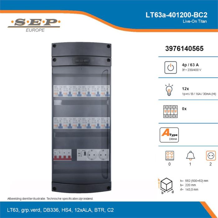 SEP Live-On Titan, LT63a-401200-BC2, 63A, 3-fase groepenkast, 12-lichtgroepen, 1-beltrafo,  2V-contactdoos, technische details