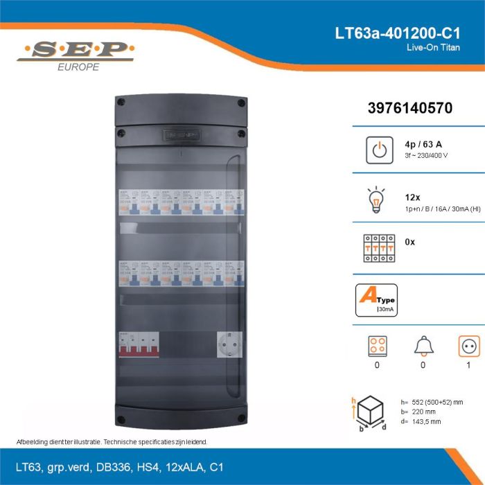 SEP Live-On Titan, LT63a-401200-C1, 63A, 3-fase groepenkast, 12-lichtgroepen,  1V-contactdoos, technische details