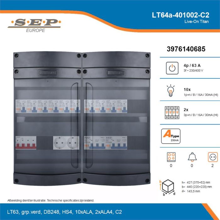 SEP Live-On Titan, LT64a-401002-C2, 63A, 3-fase groepenkast, 10-lichtgroepen, 2-krachtgroepen,  2V-contactdoos, technische details