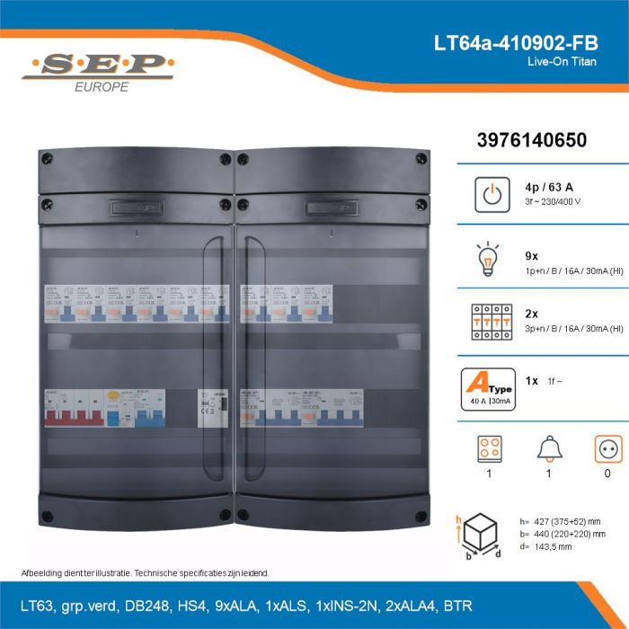 SEP Live-On Titan, LT64a-410902-FB, 63A, 3-fase groepenkast, 9-lichtgroepen, 2-krachtgroepen, 1-fornuisgroep, 1-beltrafo, technische details