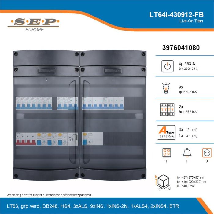 SEP Live-On Titan, LT64i-430912-FB, 63A, 3-fase groepenkast, 9-lichtgroepen, 2-krachtgroepen, 1-fornuisgroep, 1-beltrafo, technische details