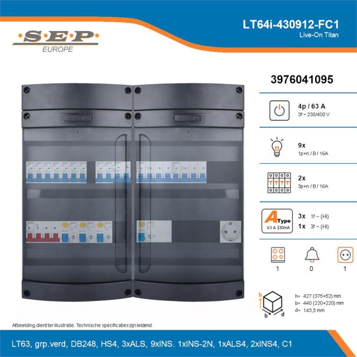 SEP Live-On Titan, LT64i-430912-FC1, 63A, 3-fase groepenkast, 9-lichtgroepen, 2-krachtgroepen, 1-fornuisgroep,  1V-contactdoos, technische details