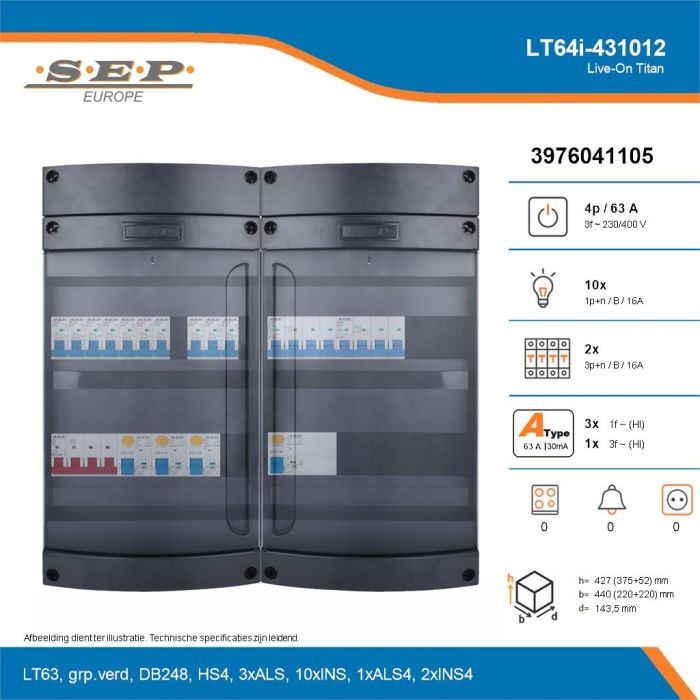 SEP Live-On Titan, LT64i-431012, 63A, 3-fase groepenkast, 10-lichtgroepen, 2-krachtgroepen, technische details