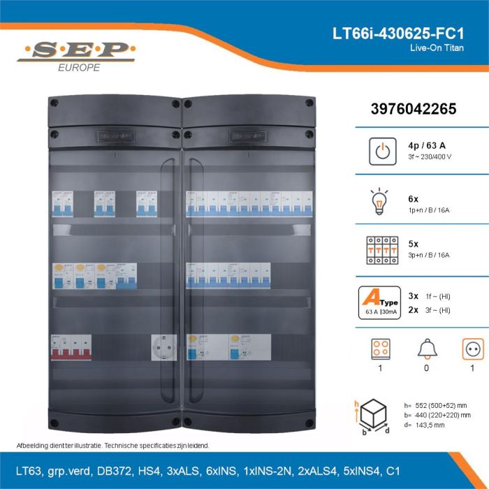 SEP Live-On Titan, LT66i-430625-FC1, 63A, 3-fase groepenkast, 6-lichtgroepen, 5-krachtgroepen, 1-fornuisgroep,  1V-contactdoos, technische details