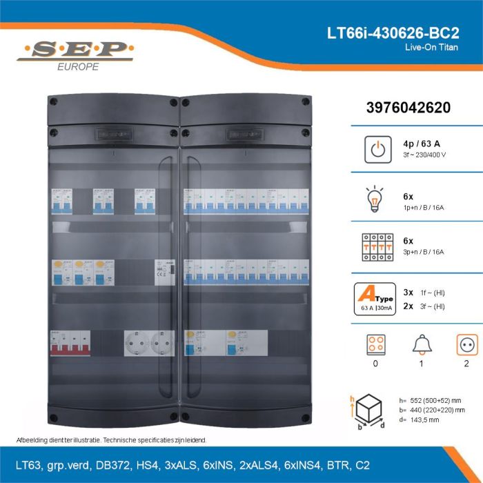 SEP Live-On Titan, LT66i-430626-BC2, 63A, 3-fase groepenkast, 6-lichtgroepen, 6-krachtgroepen, 1-beltrafo,  2V-contactdoos, technische details