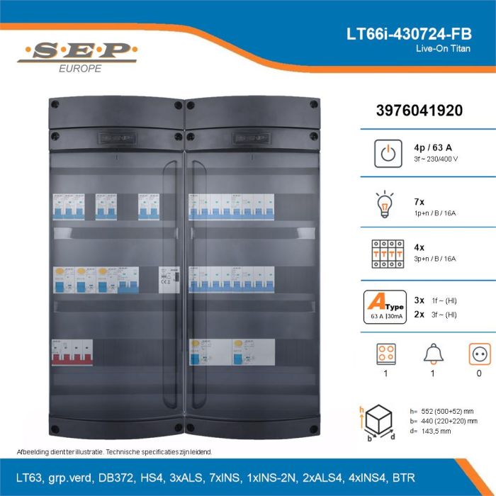 SEP Live-On Titan, LT66i-430724-FB, 63A, 3-fase groepenkast, 7-lichtgroepen, 4-krachtgroepen, 1-fornuisgroep, 1-beltrafo, technische details