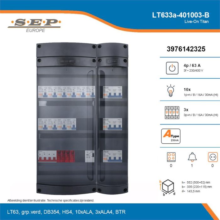SEP Live-On Titan, LT633a-401003-B, 63A, 3-fase groepenkast, 10-lichtgroepen, 3-krachtgroepen, 1-beltrafo, technische details