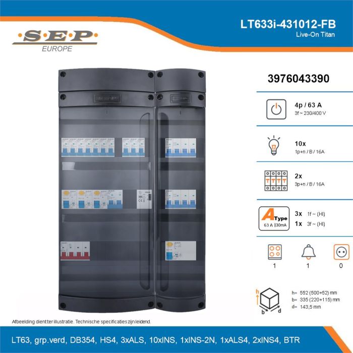 SEP Live-On Titan, LT633i-431012-FB, 63A, 3-fase groepenkast, 10-lichtgroepen, 2-krachtgroepen, 1-fornuisgroep, 1-beltrafo, technische details