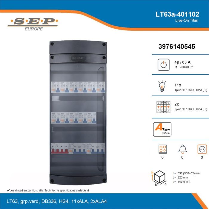 SEP Live-On Titan, LT63a-401102, 63A, 3-fase groepenkast, 11-lichtgroepen, 2-krachtgroepen, technische details