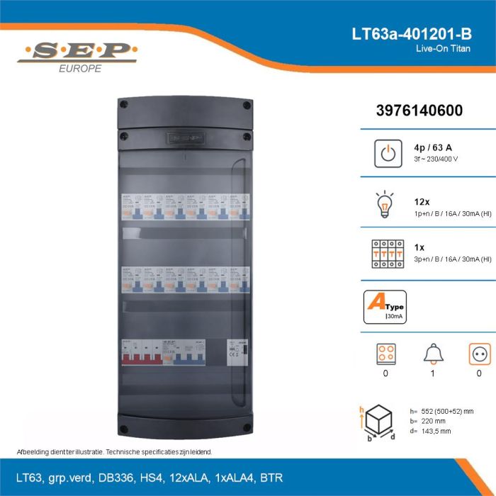 SEP Live-On Titan, LT63a-401201-B, 63A, 3-fase groepenkast, 12-lichtgroepen, 1-krachtgroepen, 1-beltrafo, technische details