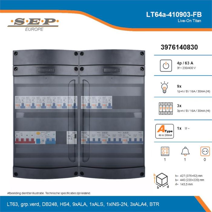 SEP Live-On Titan, LT64a-410903-FB, 63A, 3-fase groepenkast, 9-lichtgroepen, 3-krachtgroepen, 1-fornuisgroep, 1-beltrafo, technische details