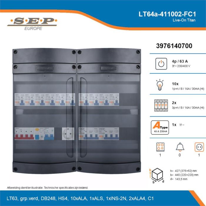 SEP Live-On Titan, LT64a-411002-FC1, 63A, 3-fase groepenkast, 10-lichtgroepen, 2-krachtgroepen, 1-fornuisgroep,  1V-contactdoos, technische details