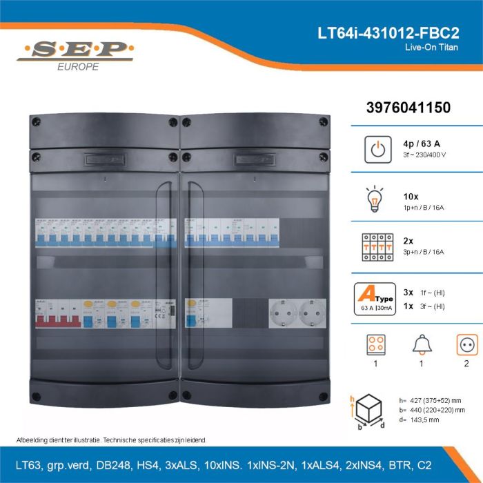 SEP Live-On Titan, LT64i-431012-FBC2, 63A, 3-fase groepenkast, 10-lichtgroepen, 2-krachtgroepen, 1-fornuisgroep, 1-beltrafo,  2V-contactdoos, technische details