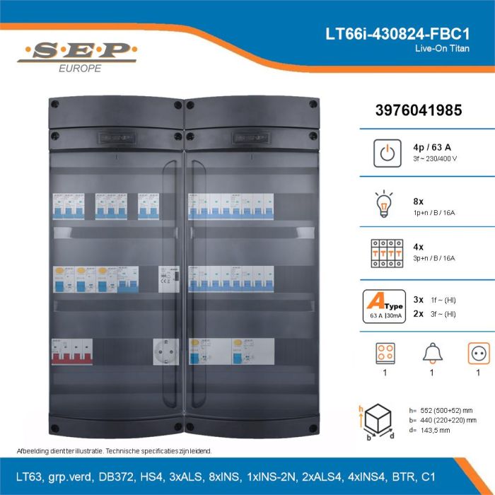 SEP Live-On Titan, LT66i-430824-FBC1, 63A, 3-fase groepenkast, 8-lichtgroepen, 4-krachtgroepen, 1-fornuisgroep, 1-beltrafo,  1V-contactdoos, technische details