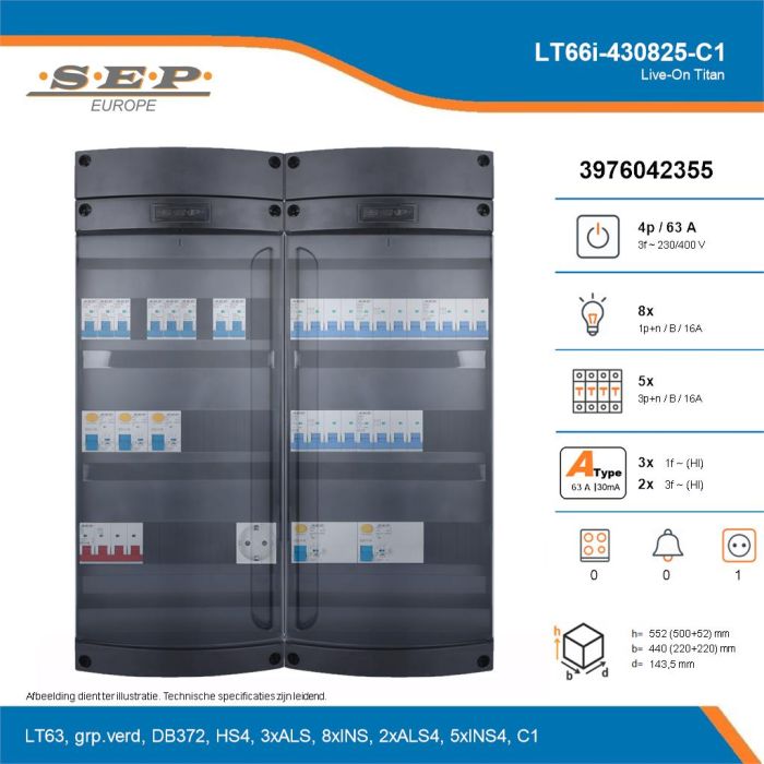 SEP Live-On Titan, LT66i-430825-C1, 63A, 3-fase groepenkast, 8-lichtgroepen, 5-krachtgroepen,  1V-contactdoos, technische details