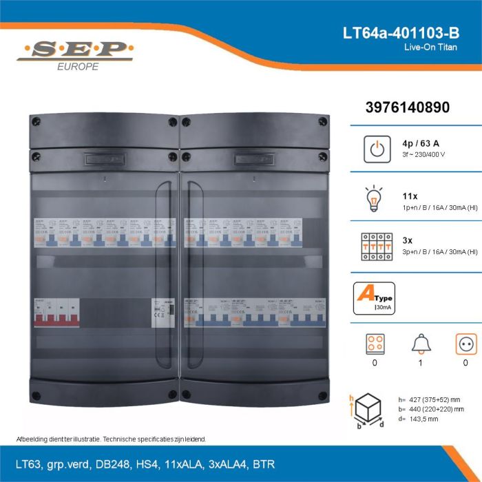 SEP Live-On Titan, LT64a-401103-B, 63A, 3-fase groepenkast, 11-lichtgroepen, 3-krachtgroepen, 1-beltrafo, technische details