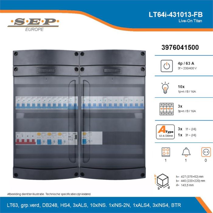 SEP Live-On Titan, LT64i-431013-FB, 63A, 3-fase groepenkast, 10-lichtgroepen, 3-krachtgroepen, 1-fornuisgroep, 1-beltrafo, technische details