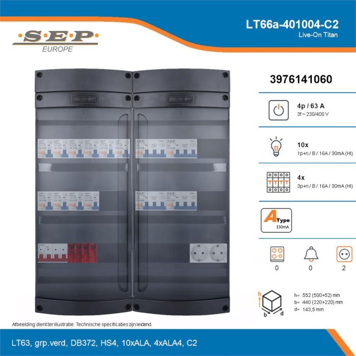 SEP Live-On Titan, LT66a-401004-C2, 63A, 3-fase groepenkast, 10-lichtgroepen, 4-krachtgroepen,  2V-contactdoos, technische details