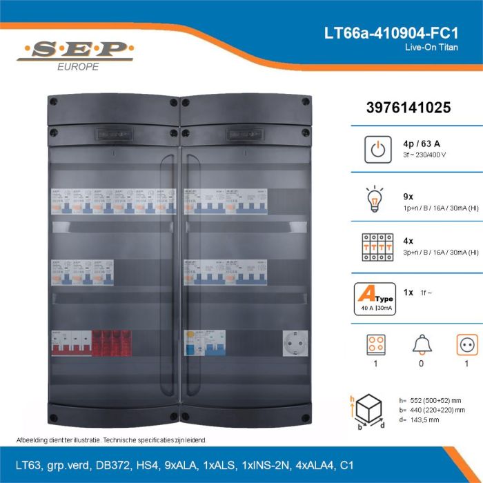 SEP Live-On Titan, LT66a-410904-FC1, 63A, 3-fase groepenkast, 9-lichtgroepen, 4-krachtgroepen, 1-fornuisgroep,  1V-contactdoos, technische details