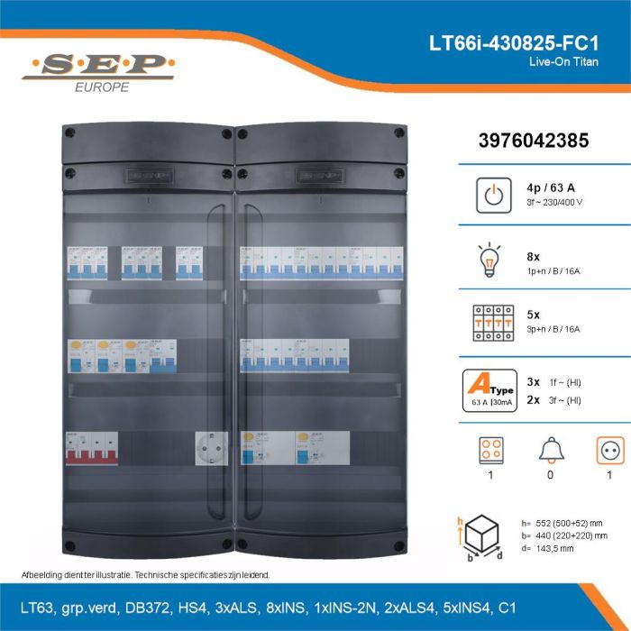 SEP Live-On Titan, LT66i-430825-FC1, 63A, 3-fase groepenkast, 8-lichtgroepen, 5-krachtgroepen, 1-fornuisgroep,  1V-contactdoos, technische details