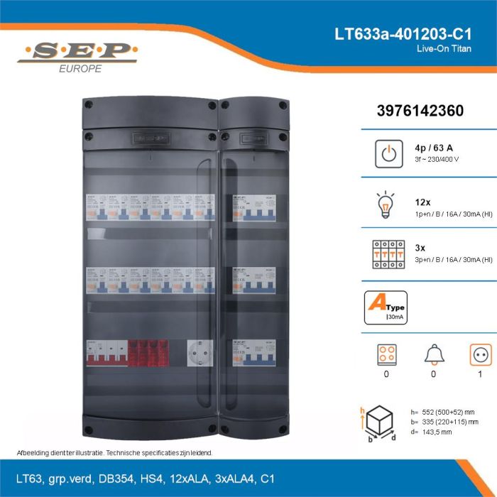 SEP Live-On Titan, LT633a-401203-C1, 63A, 3-fase groepenkast, 12-lichtgroepen, 3-krachtgroepen,  1V-contactdoos, technische details