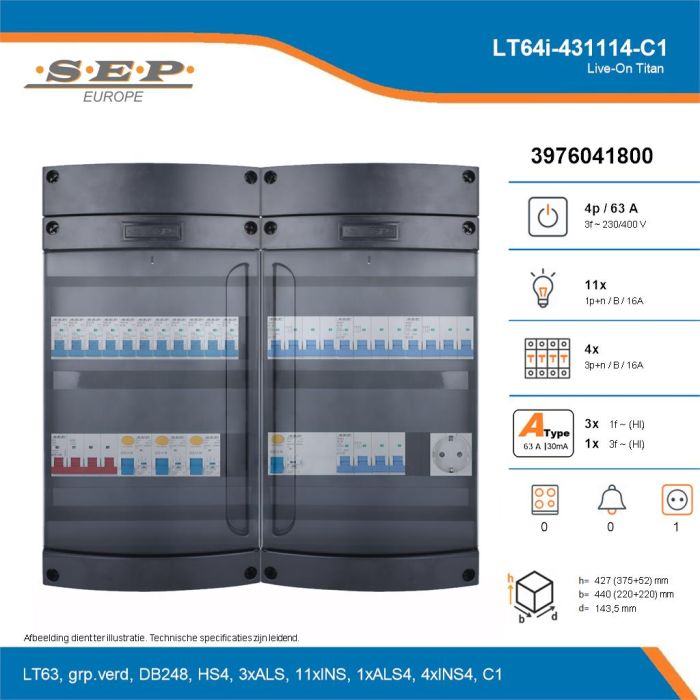 SEP Live-On Titan, LT64i-431114-C1, 63A, 3-fase groepenkast, 11-lichtgroepen, 4-krachtgroepen,  1V-contactdoos, technische details