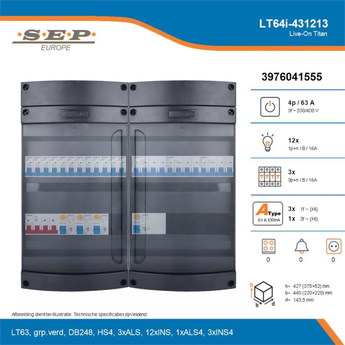 SEP Live-On Titan, LT64i-431213, 63A, 3-fase groepenkast, 12-lichtgroepen, 3-krachtgroepen, technische details