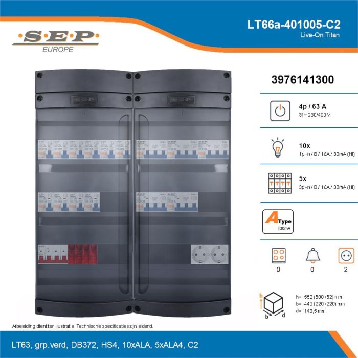 SEP Live-On Titan, LT66a-401005-C2, 63A, 3-fase groepenkast, 10-lichtgroepen, 5-krachtgroepen,  2V-contactdoos, technische details