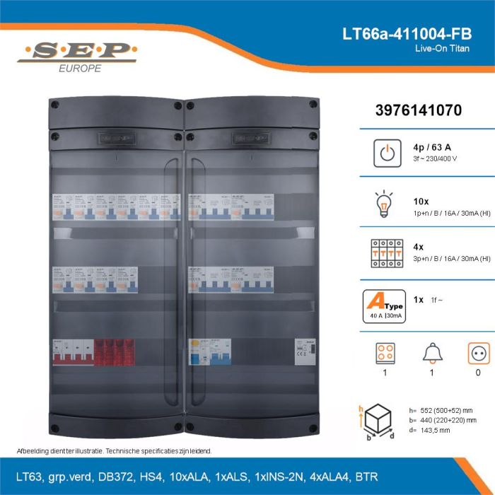 SEP Live-On Titan, LT66a-411004-FB, 63A, 3-fase groepenkast, 10-lichtgroepen, 4-krachtgroepen, 1-fornuisgroep, 1-beltrafo, technische details