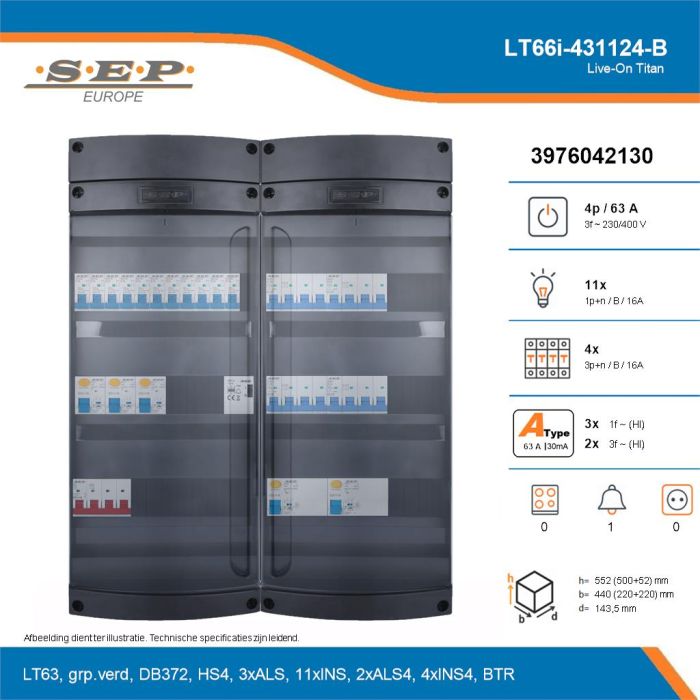 SEP Live-On Titan, LT66i-431124-B, 63A, 3-fase groepenkast, 11-lichtgroepen, 4-krachtgroepen, 1-beltrafo, technische details