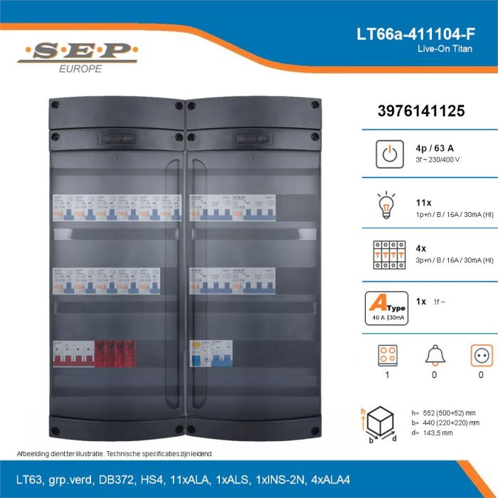 SEP Live-On Titan, LT66a-411104-F, 63A, 3-fase groepenkast, 11-lichtgroepen, 4-krachtgroepen, 1-fornuisgroep, technische details