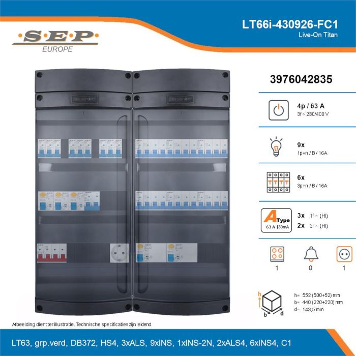 SEP Live-On Titan, LT66i-430926-FC1, 63A, 3-fase groepenkast, 9-lichtgroepen, 6-krachtgroepen, 1-fornuisgroep,  1V-contactdoos, technische details