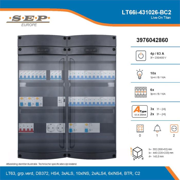 SEP Live-On Titan, LT66i-431026-BC2, 63A, 3-fase groepenkast, 10-lichtgroepen, 6-krachtgroepen, 1-beltrafo,  2V-contactdoos, technische details