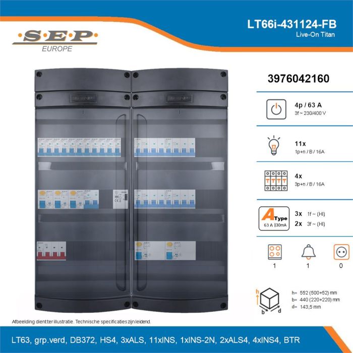 SEP Live-On Titan, LT66i-431124-FB, 63A, 3-fase groepenkast, 11-lichtgroepen, 4-krachtgroepen, 1-fornuisgroep, 1-beltrafo, technische details