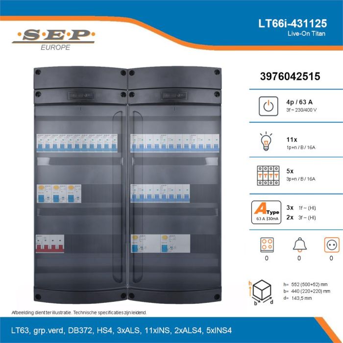 SEP Live-On Titan, LT66i-431125, 63A, 3-fase groepenkast, 11-lichtgroepen, 5-krachtgroepen, technische details