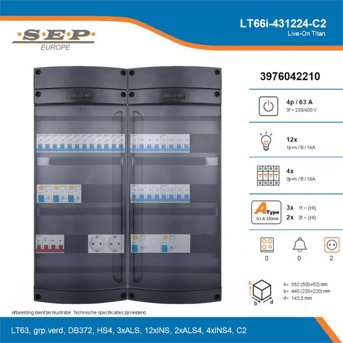 SEP Live-On Titan, LT66i-431224-C2, 63A, 3-fase groepenkast, 12-lichtgroepen, 4-krachtgroepen,  2V-contactdoos, technische details