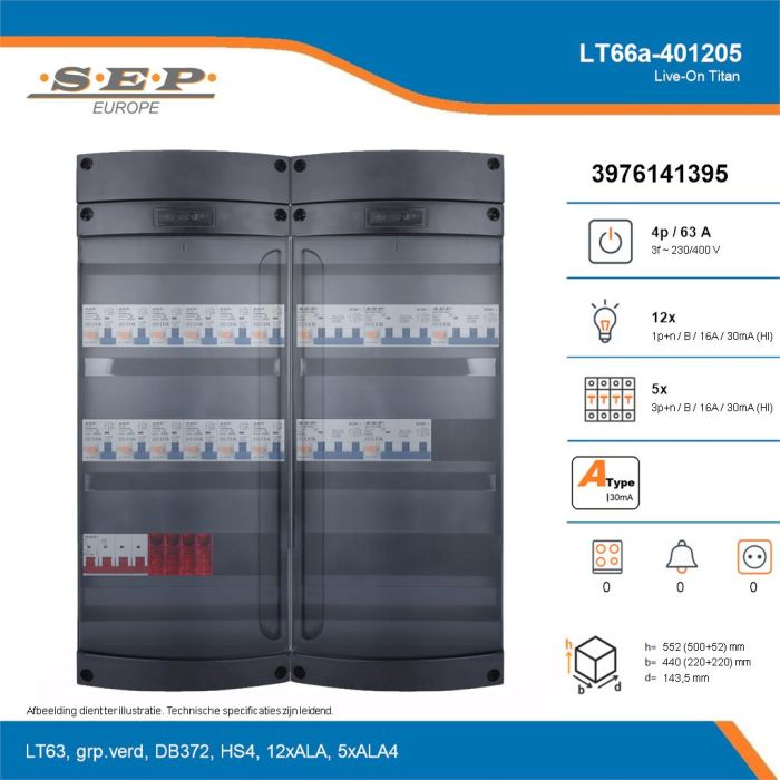 SEP Live-On Titan, LT66a-401205, 63A, 3-fase groepenkast, 12-lichtgroepen, 5-krachtgroepen, technische details