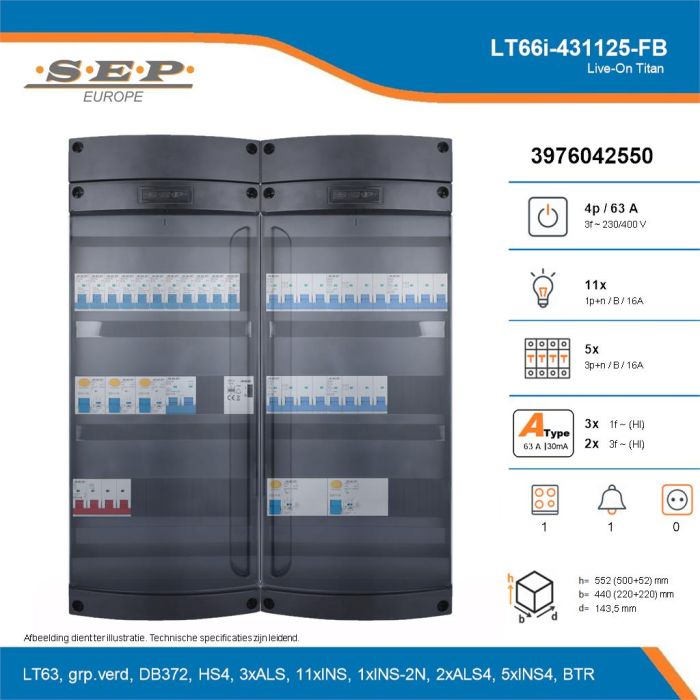 SEP Live-On Titan, LT66i-431125-FB, 63A, 3-fase groepenkast, 11-lichtgroepen, 5-krachtgroepen, 1-fornuisgroep, 1-beltrafo, technische details