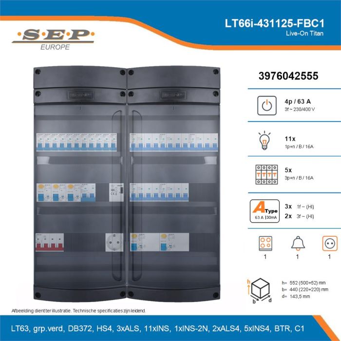 SEP Live-On Titan, LT66i-431125-FBC1, 63A, 3-fase groepenkast, 11-lichtgroepen, 5-krachtgroepen, 1-fornuisgroep, 1-beltrafo,  1V-contactdoos, technische details