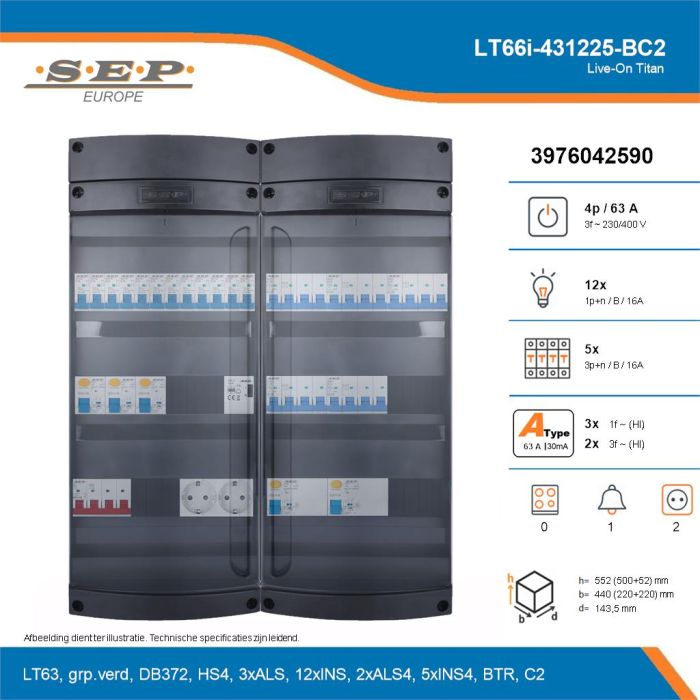 SEP Live-On Titan, LT66i-431225-BC2, 63A, 3-fase groepenkast, 12-lichtgroepen, 5-krachtgroepen, 1-beltrafo,  2V-contactdoos, technische details