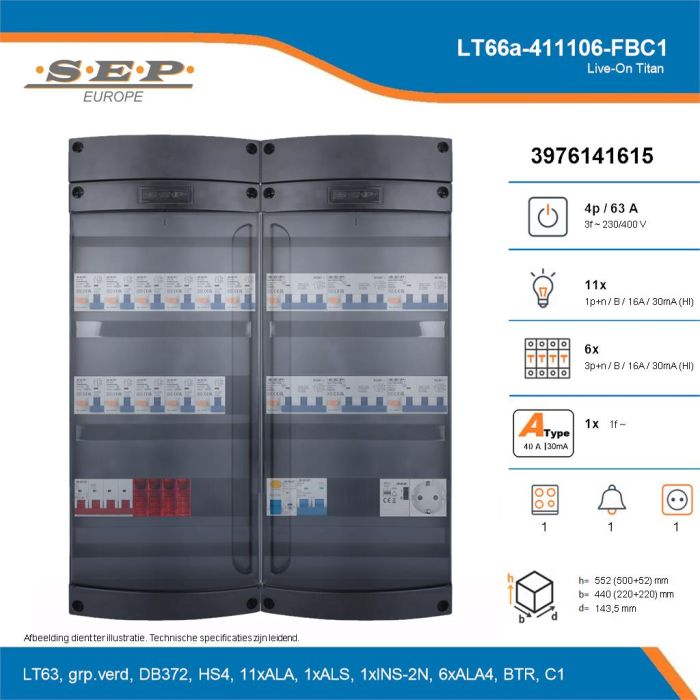 SEP Live-On Titan, LT66a-411106-FBC1, 63A, 3-fase groepenkast, 11-lichtgroepen, 6-krachtgroepen, 1-fornuisgroep, 1-beltrafo,  1V-contactdoos, technische details