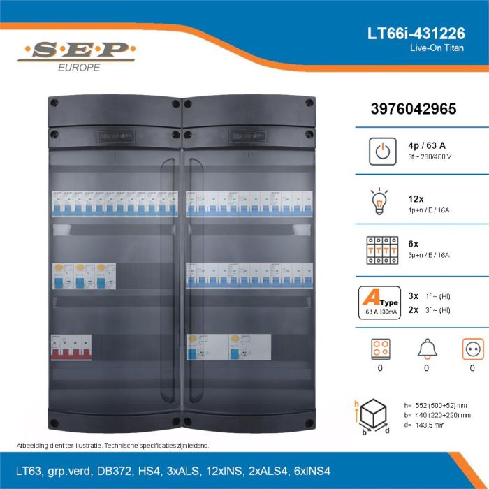 SEP Live-On Titan, LT66i-431226, 63A, 3-fase groepenkast, 12-lichtgroepen, 6-krachtgroepen, technische details