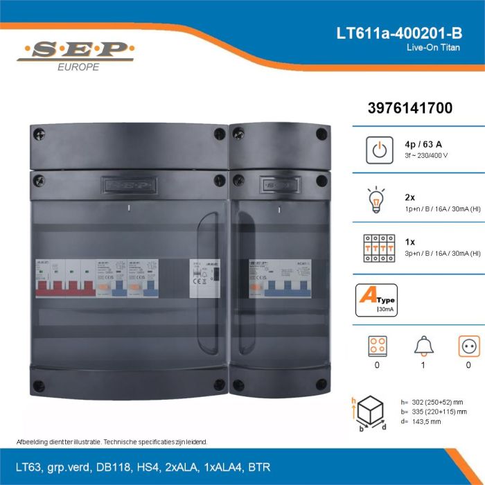 SEP Live-On Titan, LT611a-400201-B, 63A, 3-fase groepenkast, 2-lichtgroepen, 1-krachtgroepen, 1-beltrafo, technische details