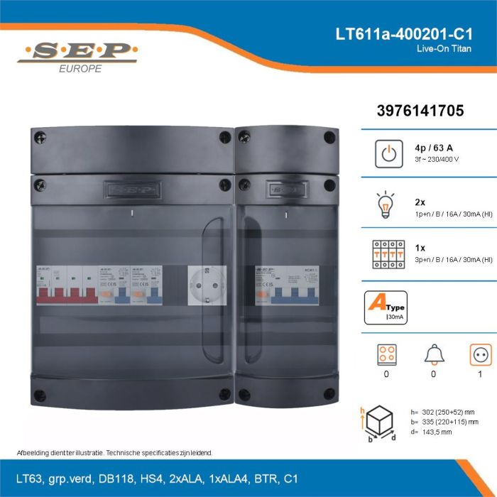 SEP Live-On Titan, LT611a-400201-C1, 63A, 3-fase groepenkast, 2-lichtgroepen, 1-krachtgroepen,  1V-contactdoos, technische details